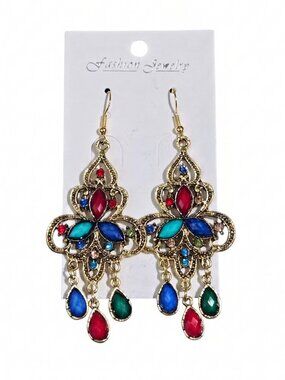 3/$20 NWT | Multi Color Jewel Antique Gold Chandelier Drop Earrings Boho | OS
